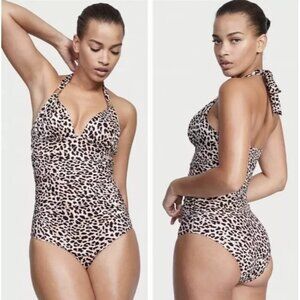 Victorias Secret Leopard Ruched Halter One Piece Swimsuit Womens Size L Vacation